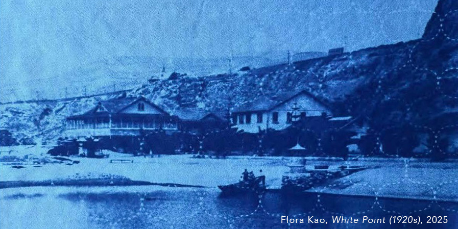 Flora Kao, White Point (1920s), 2025. Blue-toned print of an old photograph of White Point. In small white letters on the bottom right corner there is a credit to the artist, Flora Kao